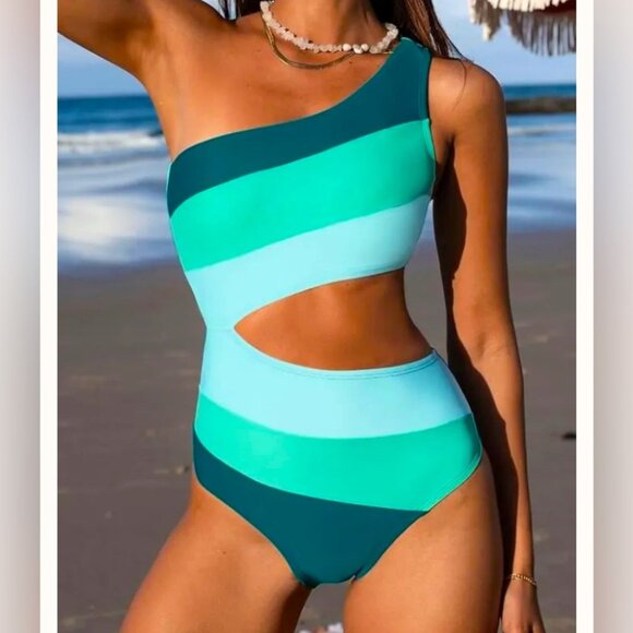 BNWT Cupshe One Shoulder, Color Block One Piece Bathing Suit Size Small - Picture 1 of 9